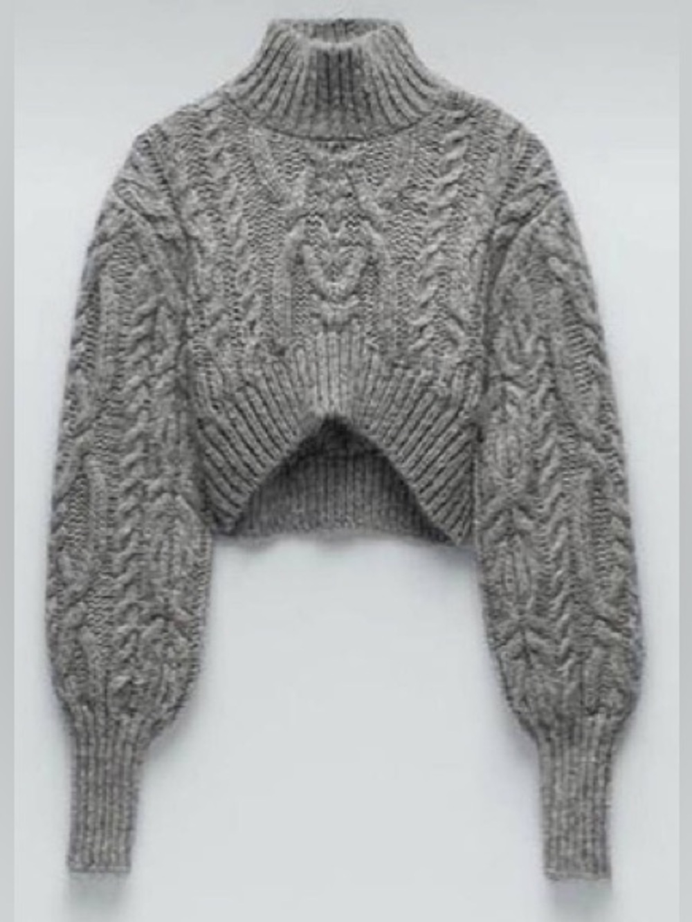 Zara Gray Chunky Cable Knit Cropped Sweater М Balloon Sleeve Wool Blend - Picture 2 of 9